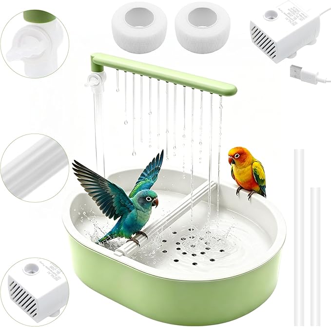 Automatic Bird Bath with Quiet Pump,Parakeet Bird Bathtub for Cage with Adjustable Shower Head & Water Flow Valve,Large Bird Baths Detachable for Easier Cleaning,BPA-Free
