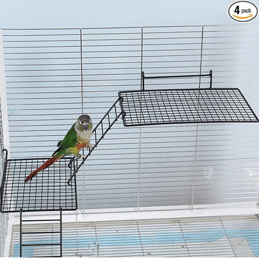 Anti-bite Metal Breathable Bird Cage Platforms with Ladders, Hanging Platforms for Bird Cage, Expand Space Inside The Cage, Suitable for Rats,Conures (2 Large Platforms & 2 Ladders)