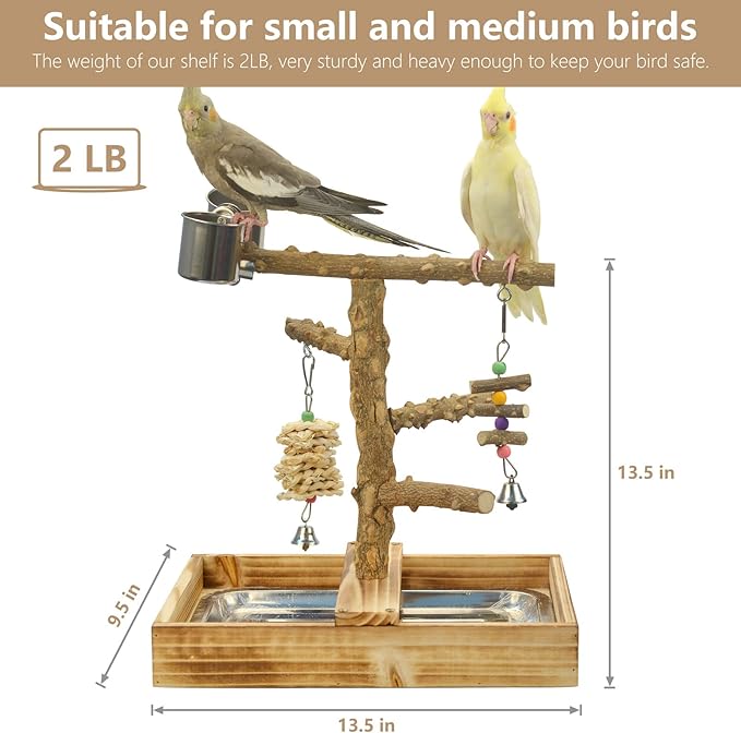 LIMIO Natural Wood Bird Toys Playground, Bird Cage Accessories, Bird Perches, with Removable Tray and 2 Stainless Steel Cups