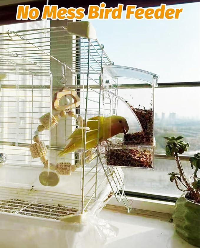 BNOSDM No Mess Bird Feeder Transparent Bird Food Container Automatic Parrot Feeder with Perch Parakeet Cage Accessories for Budgies, Canaries, Cockatoos, Finch and Lovebirds