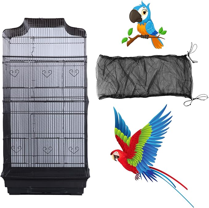 Bird Cage Seed Catcher, Large Airy Gauze Bird Cage Cover Guard, Adjustable Birdcage Nylon Mesh Net Cover (XL-118x32 in, Black)