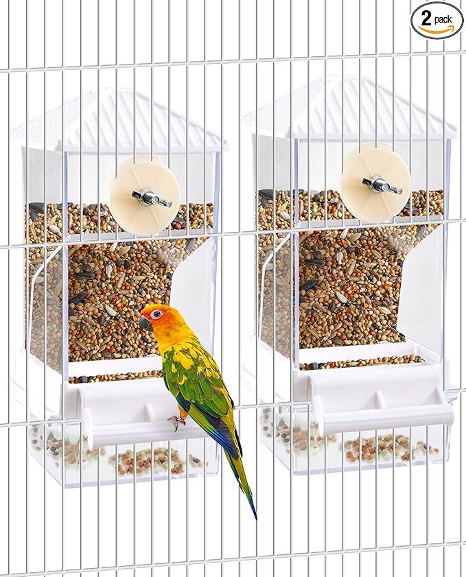 Hamiledyi Automatic Bird Feeder 2 Pcs No Mess Bird Cage Feeder Seed Food Container with Perch Transparent Parrot Cage Accessories for Parakeets, Budgies, Cockatoos, Finches, Lovebirds (White)