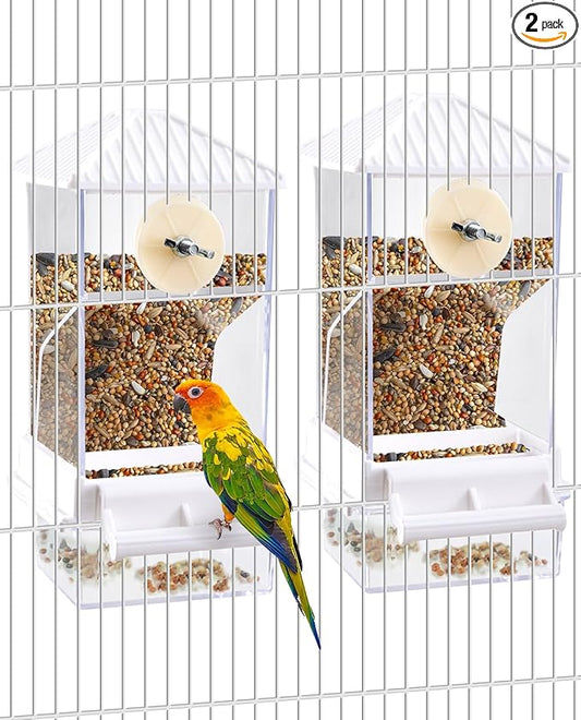 Hamiledyi Automatic Bird Feeder 2 Pcs No Mess Bird Cage Feeder Seed Food Container with Perch Transparent Parrot Cage Accessories for Parakeets, Budgies, Cockatoos, Finches, Lovebirds (White)