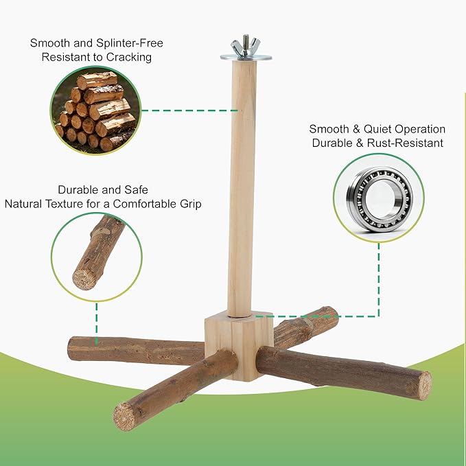 Rotating Bird Perches, Natural Wooden Perch with Chew Toy, Bird Toys for Small & Medium Birds, Small, Natural Wood Color, 1 Set