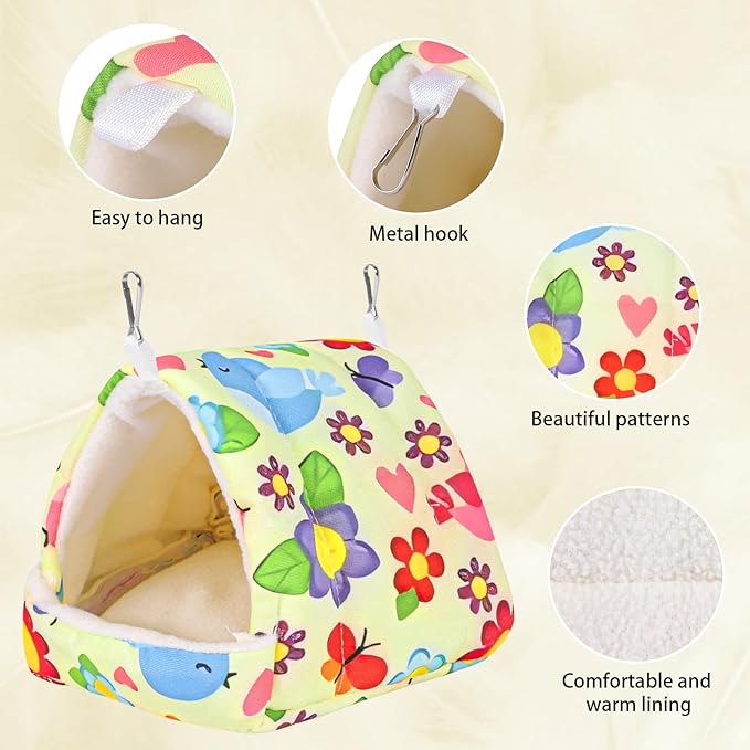 Bird Bed for Cage Warm Winter Nest Hammock with Hanging Hook Cage Accessories for Small Birds Parakeets Cockatiels Love Birds Cockatiels Conures Hamster (Yellow, M)