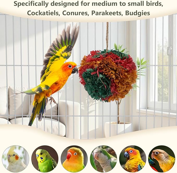 Hypeety 4” Colorful Shredding Ball Bird Toys for Parrots Funny Crinkles Foraging Toys for Birds Easy to Hang Natural Shredder Ball Chew Toys for Cockatiels Conures Parakeets Budgies (1 Pack)