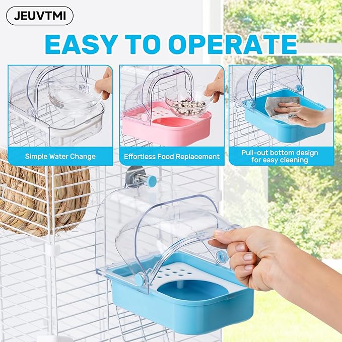 Multifunctional 3-in-1 Hanging Bath Feeding Bowl with Easy Clean Drawer Design for Parrots, Couples, Budgerigars Cage Accessories (Blue)