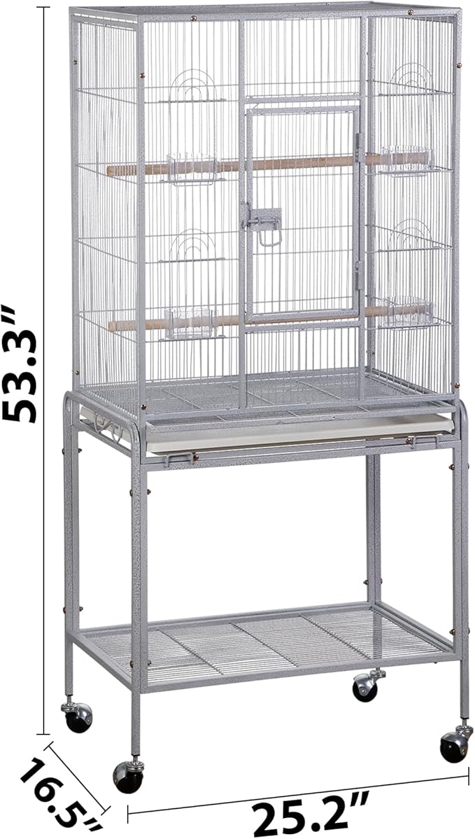SUPER DEAL 53-Inch Rolling Bird Cage Large Wrought Iron Cage for Cockatiel Sun Conure Parakeet Finch Budgie Lovebird Canary Medium Pet House with Rolling Stand & Storage Shelf, White