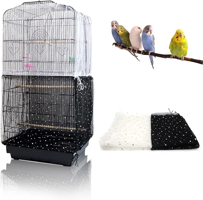 Daoeny 2Pcs Adjustable Bird Cage Cover, Upgraded Airy Nylon Mesh Parrot Net with Sequins, Universal Seed Feather Catcher, Soft Birdcage Cover Skirt Sheer Guard for Parakeet Macaw Round Square Cages