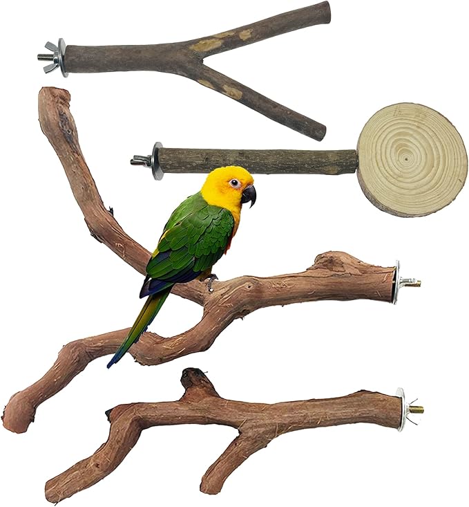 4 PCS Natural Wood Bird Perch Stand, Bird Parrot Perch Stand Set, Wooden Parrot Perch Stand Perch Platform Cage Accessories for Parrotlets Cockatiels Budgies Parakeets