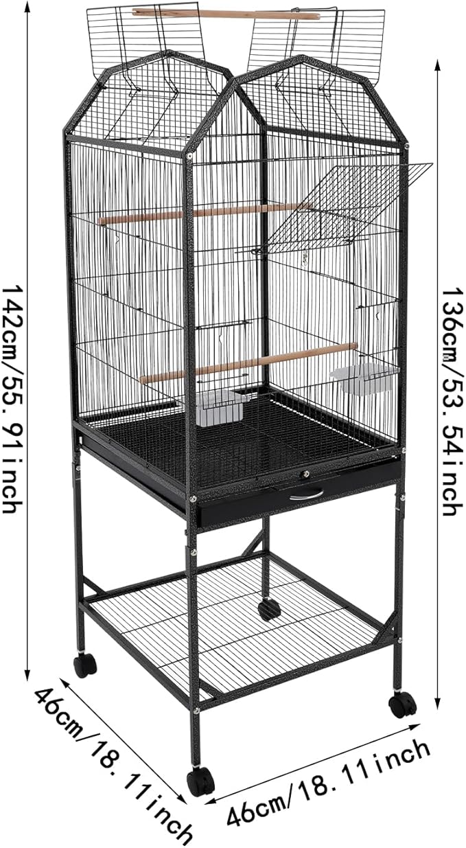 Large Bird Cage with Stand & Wheels, Freestanding Parakeet Birdcage, 53.5 Inch Bird Flight Cages for Parrot Canaries Cockatiels Budgie Parrotlet (Black-B)