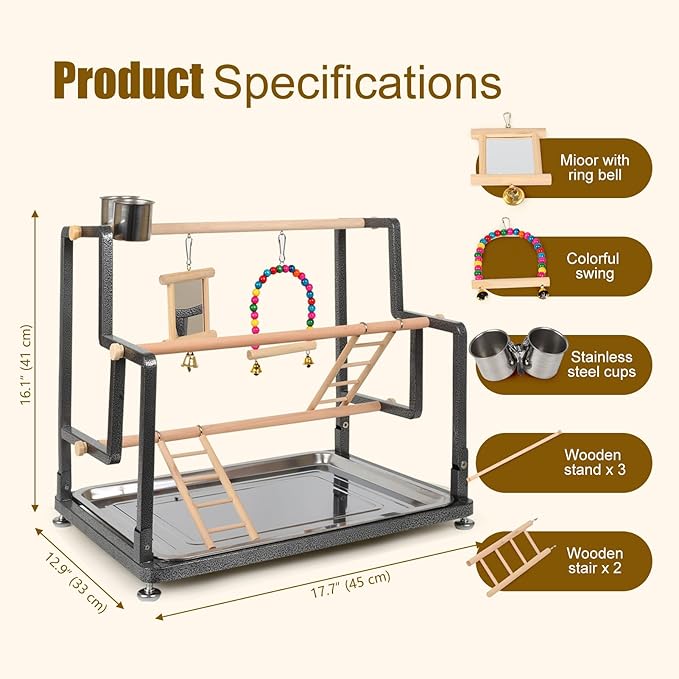 halinfer Bird Playground for Indoor Use, Table Collapsible Bird Playstand for Top of Cage, Mirrow Swing Cups 2 Ladders for Small to Medium Size of Cockatiel Parakeet Conure (Wood Ladder)