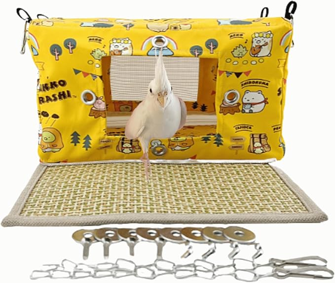Large Spring Summer Breathable Bird Nest House, Zipper Design On The Back for Easy Cleaning, Conure Bed for Inside or Outside The Birdcage (Rectangle-Yellow,M)