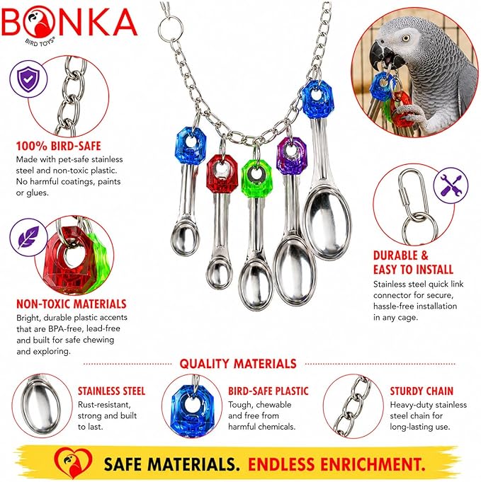 Bonka Bird Toys 1969 Spoon Delight Parakeets Cockatiel Conure Interactive Hanging Stainless Steel Spoons Chewing Foraging Enrichment Cage Medium Large Parrots 12.5" Chew Colorful Parts