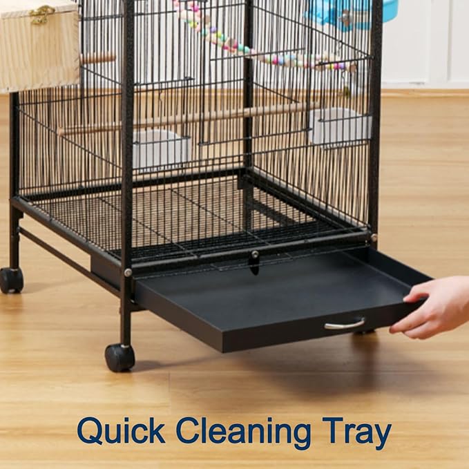40inch Bird Cage with Rolling Wheels, Open-Top Parrot Cage Sturdy Iron Pet Bird Flight Cage Large Birdcage for Parrots Cockatiels Conure Budgie Canary (Black)