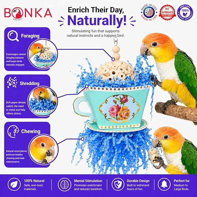 Bonka Bird Toys 2447 Blue Sola Teacup 8" x 4" Natural Sola Ball Cardboard Tea Cup Wood Beads for Caiques Conures Quakers Ringnecks and Similar Bird Chewing Toy