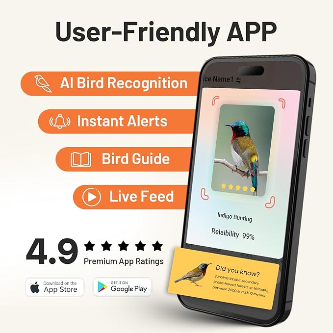 Smart Bird Feeder with Camera Solar Powered Outdoor - 2K HD Live Video, AI Bird ID (11,000+ Species), Squirrel-Proof, Instant Alerts & IP65 Weatherproof Outside, Great Gift for Birdlovers,Light Camel