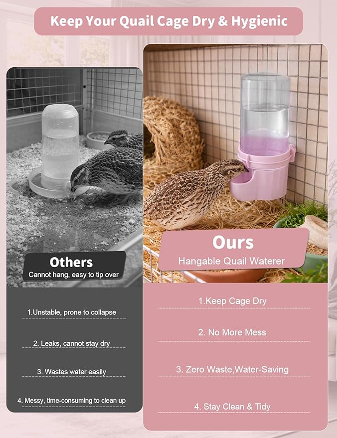 Quail Chick Waterer with Anti-Drowning Shallow Tray, 16.6 fl oz Automatic Gravity Button Quail Waterer, Hanging or Free-Standing Bird Water Dispenser for Wire Mesh Cages and Brooders (Pink)