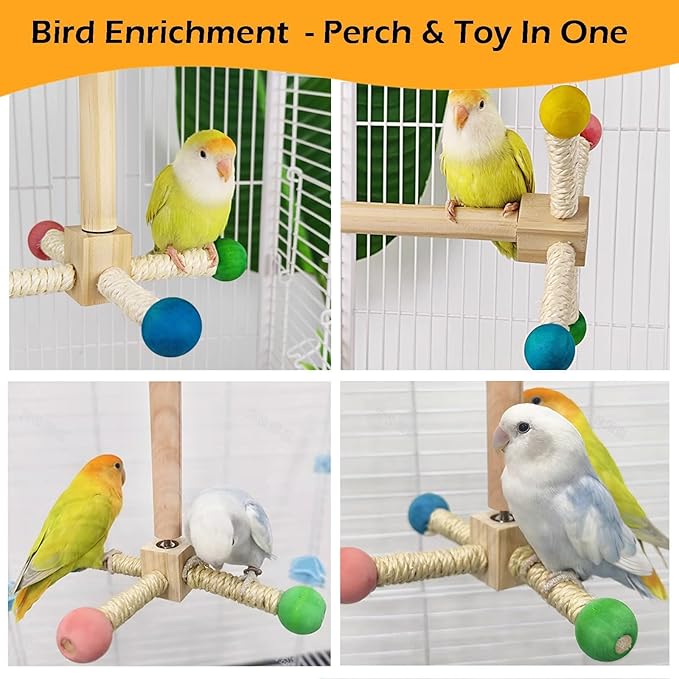 Bird Stand Perch Toy, Interactive Spinning Parakeet Toys, Wooden Exercise Wheel Parrot Toy, Enrichment Cockatiel Toy for Birds Cage, Bird Cage Accessories Perch Toys for Budgies (Small)