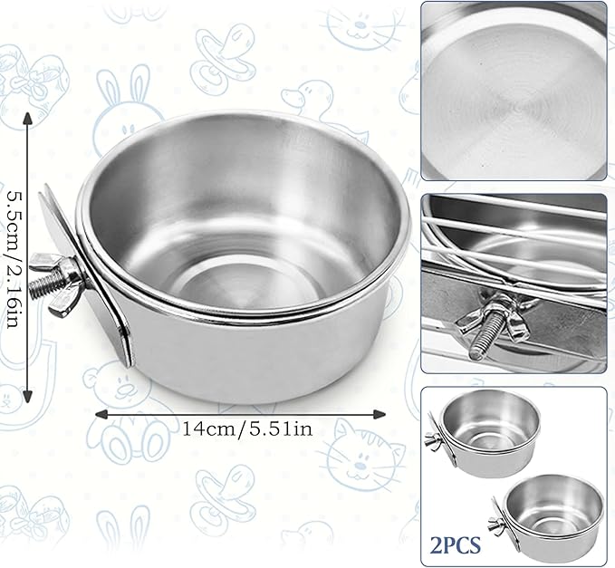 PINVNBY 2PCS Parrot Feeding Cups Birds Food Dish Stainless Steel Parrot Feeders Water Cage Bowls with Clamp Holder for Cockatiel Conure Parakeet Macaw Small Animal (Size: L)