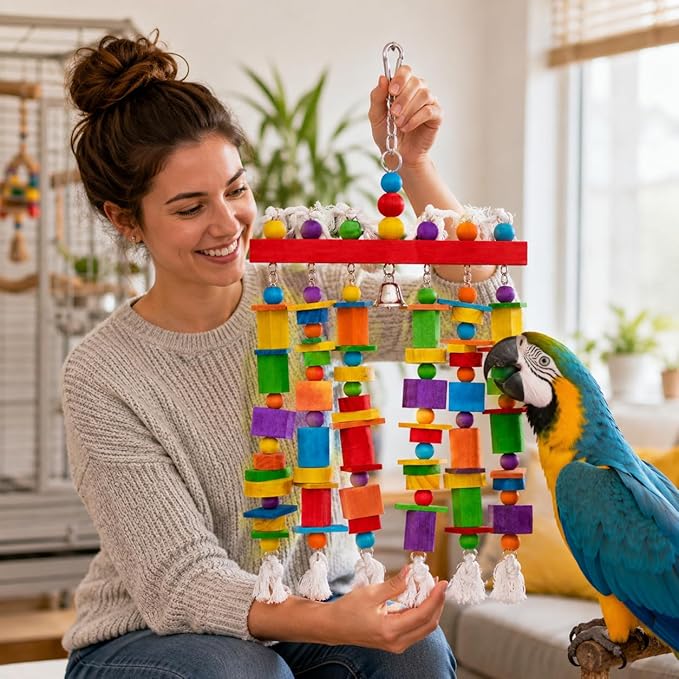 Extra Large Bird Toys for Macaws African Greys Cockatoos, 21.6" x 13" Heavy Duty Parrot Chewing Toy with Durable Stainless Steel Chain & Natural Wood Blocks, Large Bird Cage Accessories with Bell