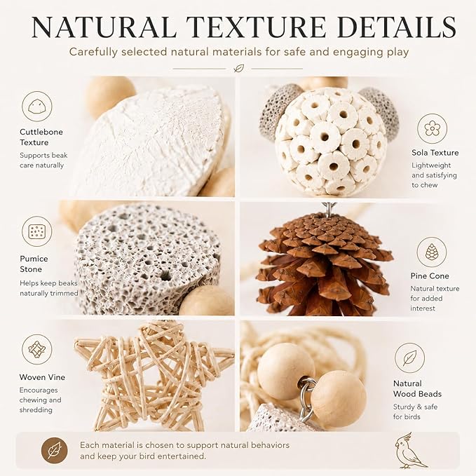 2 Pack Natural Bird Toys for Small Birds, Cuttlebone & Sola Chew Toy Set with Pumice Stone, Pine Cone and Rattan Star, Hanging Cage Accessories for Cockatiels, Budgies, Lovebirds and Conures