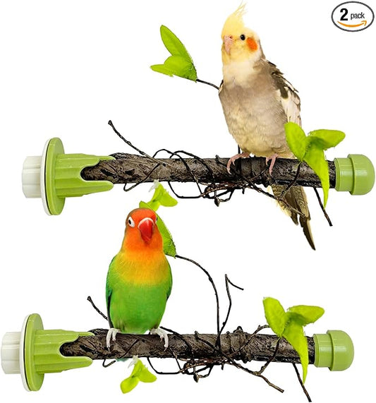 PINVNBY 2 PCS Bird Perches Simulation Branch Parrot Cage Perch Stand with Green Leaf Hanging Paw Grinding Fork Cage Accessories for Parakeets Budgies Finches Cockatiels Conures