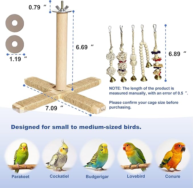 360° Rotating Bird Perch Stand - 4 Perches + 5 Natural Chew Strand, Natural Bird Cage Accessories, for Small & Medium Birds Parakeets Cockatiels Lovebirds Budgies