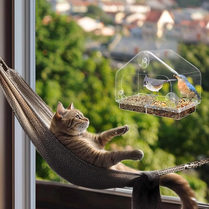 Outdoor Window Bird Feeder for Cats Viewing - Clear Bird Feeder with Strong Suction Cup, Cat Perch Accessories for Entertaining Watching, L