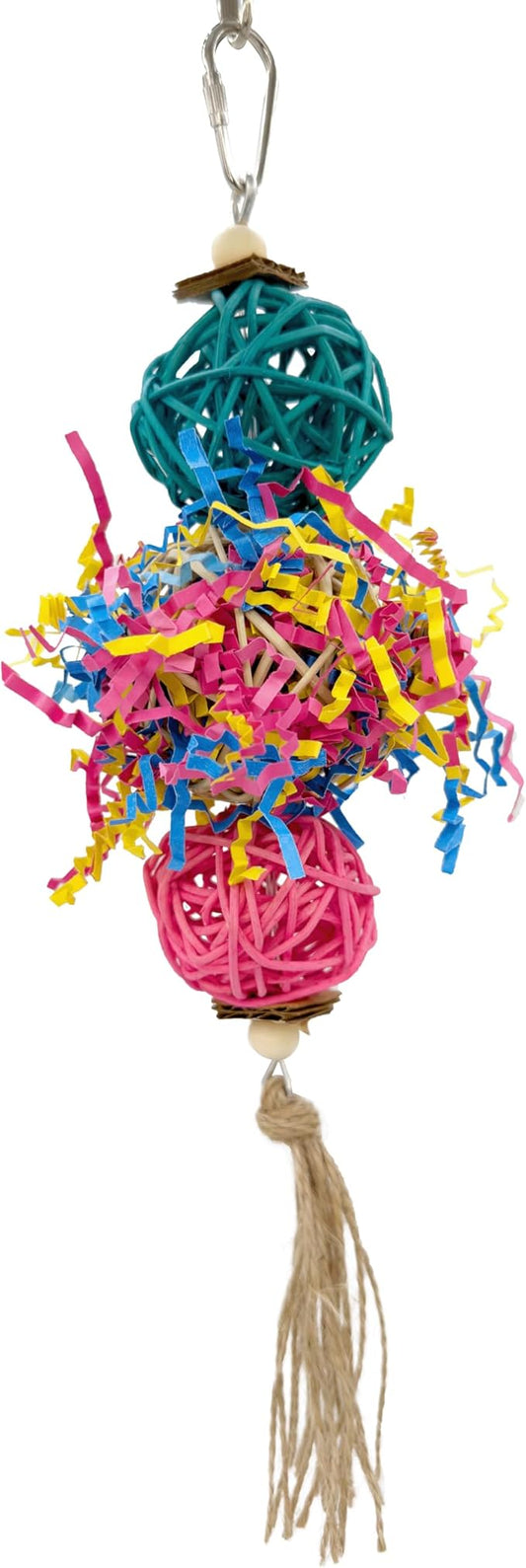 1701 Rainbow Rattan Bird Toy with Jute and Crinkle Paper – Shredding and Foraging Fun for Parakeets, Cockatiels, Conures, and Small Parrots – Natural Bird-Safe Toy for Cage Enrichment
