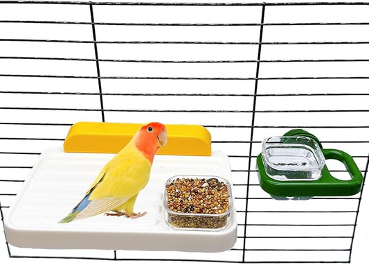 Hamiledyi Bird Cage Feeder with Platform Bird Feeding Cups with Perch Stand Feeder Bowl Cage Accessory for Parakeets Conures Cockatiels Parrot Lovebird
