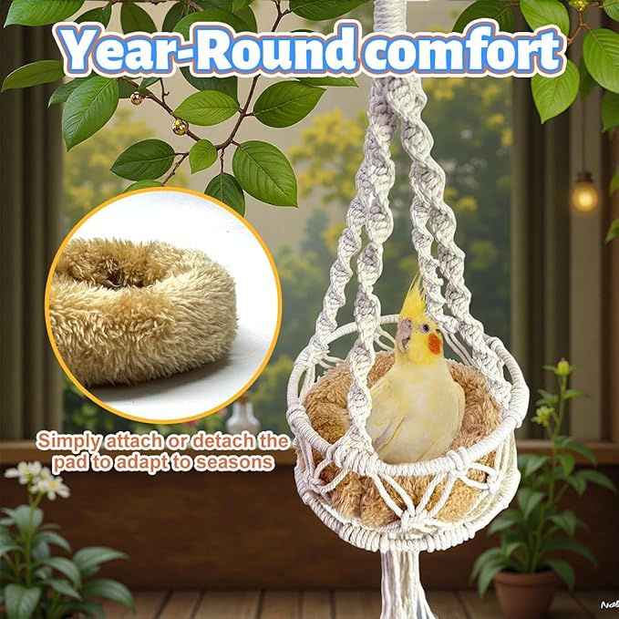 Warm Bird Cage Bird Nest, Bohemian Style Cotton Woven Hanging Small Bird Bed for Cage, Warm Nest for Canary, Lovebird, Budgie, Finch (Beige)