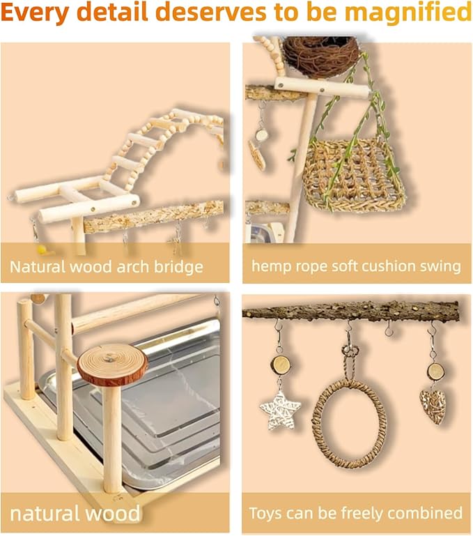 Multi-Level Bird Play Stand with Rope & Bell Toys | Natural Wooden Parrot Play Stand with Ladder & Swing | Ideal for Small to Medium Birds | Great for Cockatiels & Parakeets