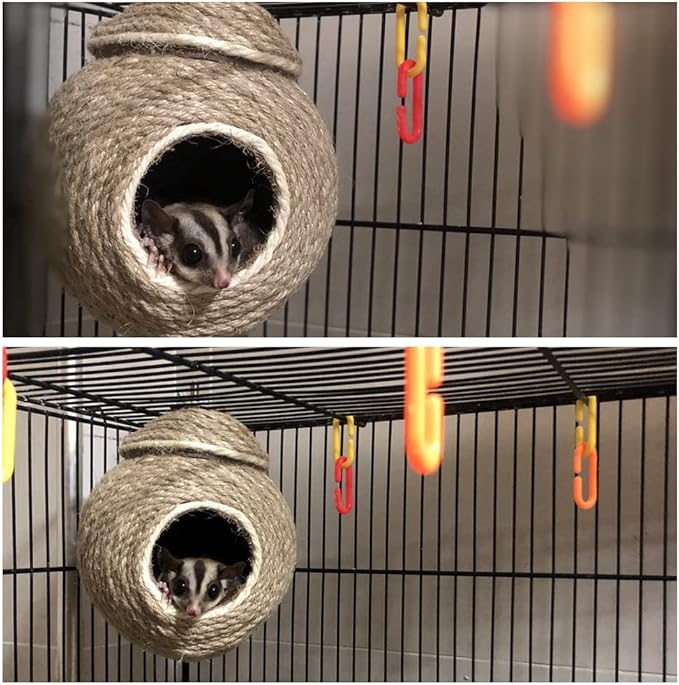 Sugar Glider House Climb Toys Natural Coconut Shell Hemp Rope Hut Hide Out Nest for Rat Hamster Squirrel Bird Parakeet,Cage Habitats Hammock (Screw Fixed)