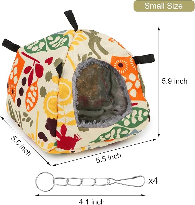 Wontee Bird Plush Hammock Parrot Hanging Snuggle Cave Happy Hut Tent for Parakeet Cockatiel Conure Lovebird Budgie Hamster Gerbil Rat Chinchilla Squirrel Cage (S, Beige Pattern)
