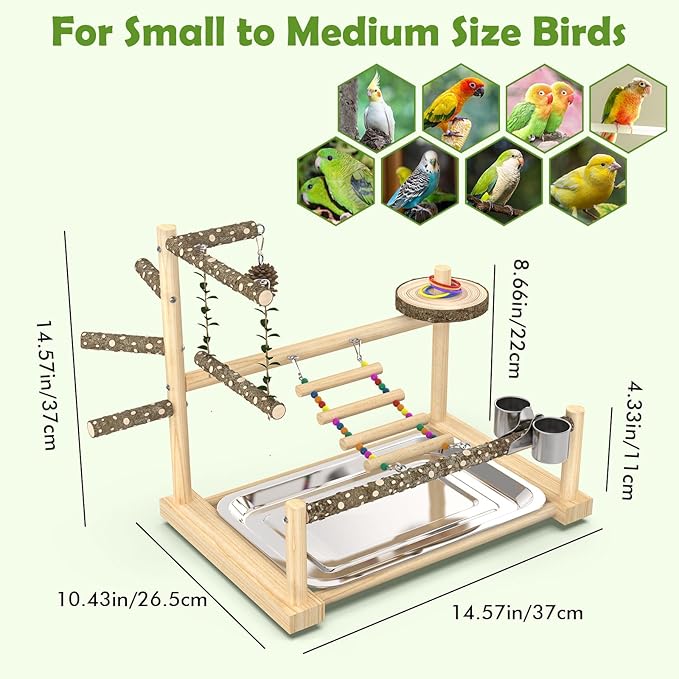 Bird Playground, Parrot Playstand Cockatiel Playground, Bird Play Stand with Feeder Cups, Swings, Ladder and Removable Tray, Parrot Perch Stand for Parakeet Conure Lovebird Budgie