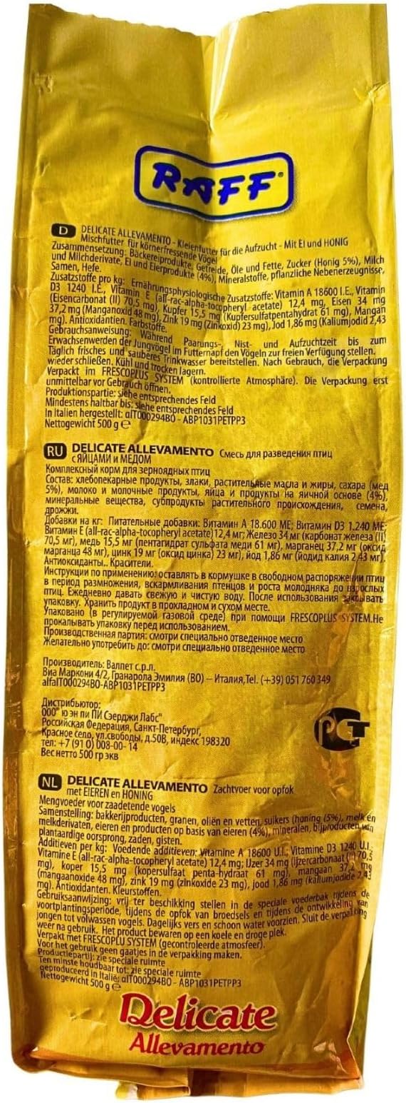 RAFF Delicate Allevamento 500g Bird Food - Nutritious Egg and Honey Paste Bird Treat for Canaries, Parakeets, Finches, Cockatiels, and Lovebirds - Supports Breeding and Year-Round Health