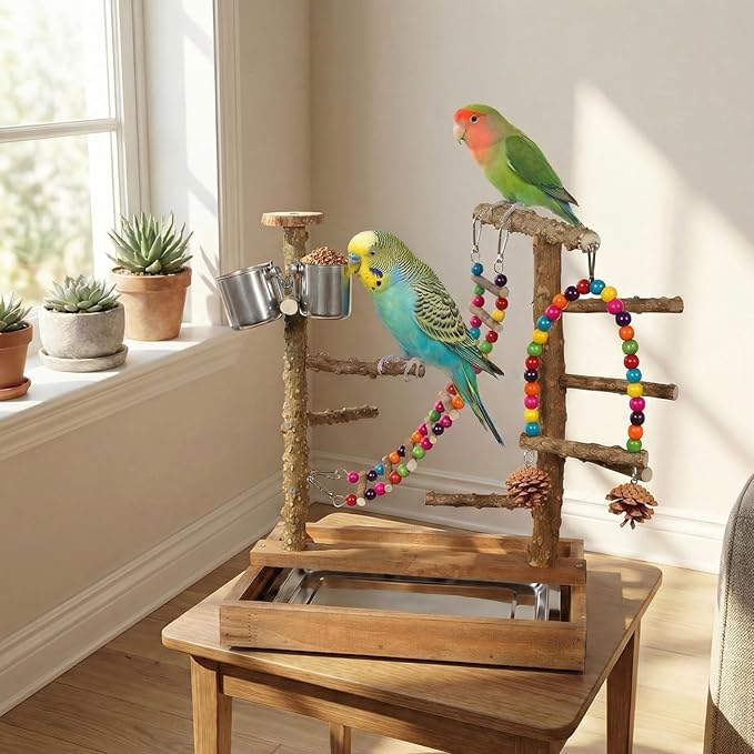 Wooden Bird Play Stand Parrots Playground Perch Stand with Bird Ladder Chewing Toys and 2 Stainless Steel Cups (Brown)