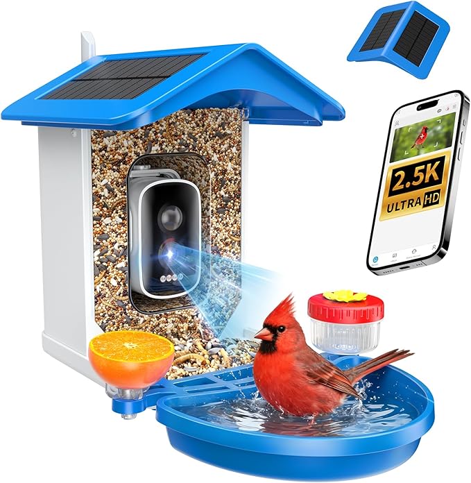 Smart Bird Feeder with Camera 2.5K QHD, AI Identify 16000+ Birds, Auto-Capture & Motion Detection, IP65 Waterproof, 5W Solar Panel, 140° Field of View, Bird Watching Gift