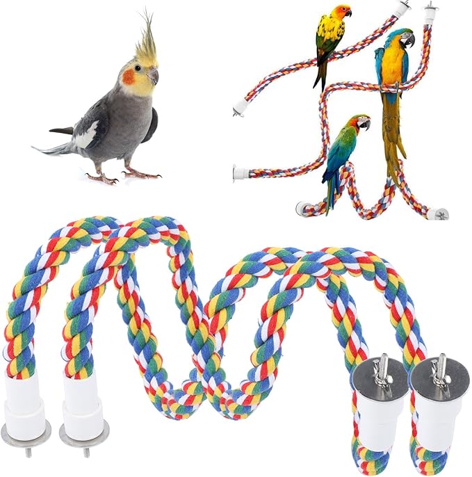 2PCS 23.6" Bird Rope Perches for Parakeets, Soft Cotton Parrot Perch with Quick Fixing Screws, Colorful Bird Cage Accessories for Cockatiels, Budgie, Canary, Comfy Perch Toy for Cage, 0.8in Dia