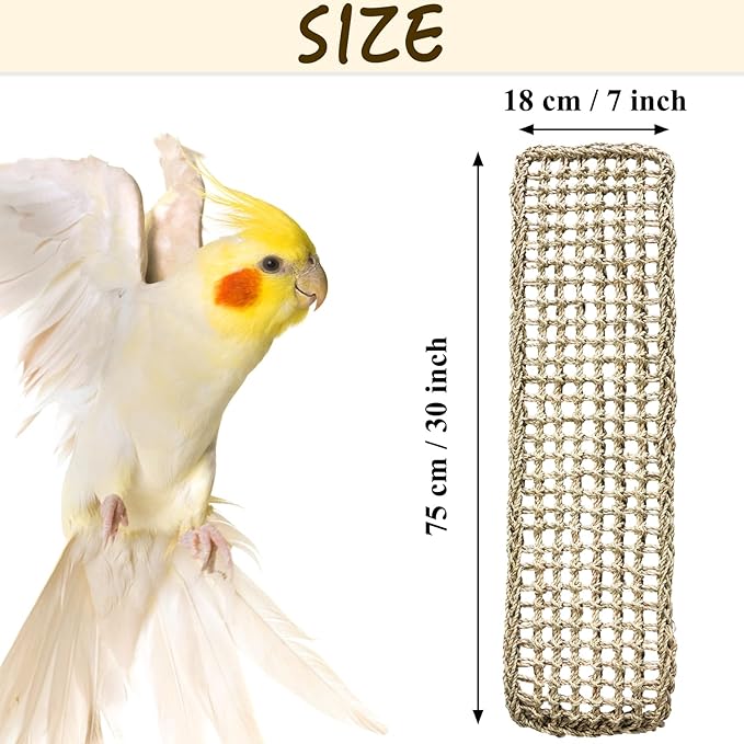 Bird Seagrass Mat 30 x 7 Inch Natural Seagrass Woven Bird Net, Parakeet Climbing Rope Ladder, Hammock Climbing Rope Ladder with Hooks, Chew Toys for Parrots Lovebird Cockatiel Budgie Hamster