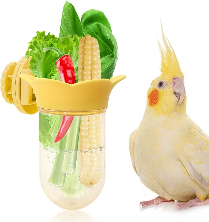 Bird Cage Feeder for Vegetable, Parrot Veggies Holder with Water-Storage Design to Keep Greens Fresh, No Mess Hanging Millet Feeder for Parakeet, Quick Clean Clip, No Spill Feeders for Parrots