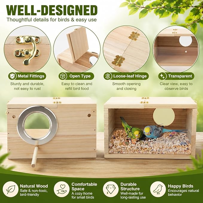 Rypet Parakeet Nesting Box Transparent Design, Thwartwise Bird Nest Breeding Box with Perch Wood Bird Cage House for Cockatiel Lovebirds Budgie Finch Parrotlets Canary S