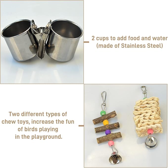 LIMIO Natural Wood Bird Toys Playground, Bird Cage Accessories, Bird Perches, with Removable Tray and 2 Stainless Steel Cups
