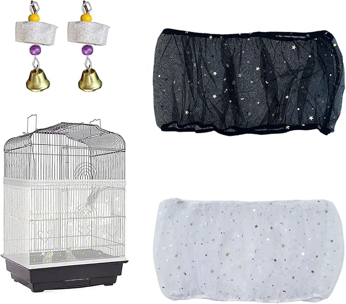 2-Piece Universal Bird Cage Cover in Black and White with Stars and Moon Patterns, Adjustable Soft and Breathable Nylon Net Cover,Bird Cage Seed Catcher Parrot Cage Net Skirt.