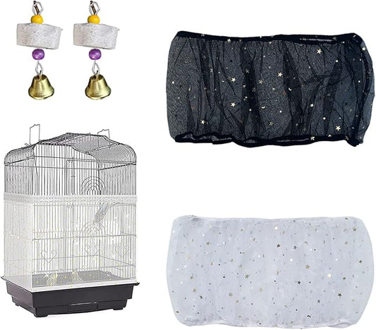 2-Piece Universal Bird Cage Cover in Black and White with Stars and Moon Patterns, Adjustable Soft and Breathable Nylon Net Cover,Bird Cage Seed Catcher Parrot Cage Net Skirt.