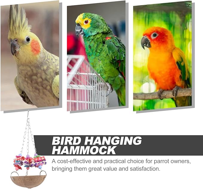 Bird Hammock Coconut Shell Hamster Nest Parrot Cage with Chain Charm and Fake Flower for Pet Hanging Bed (5x11”)