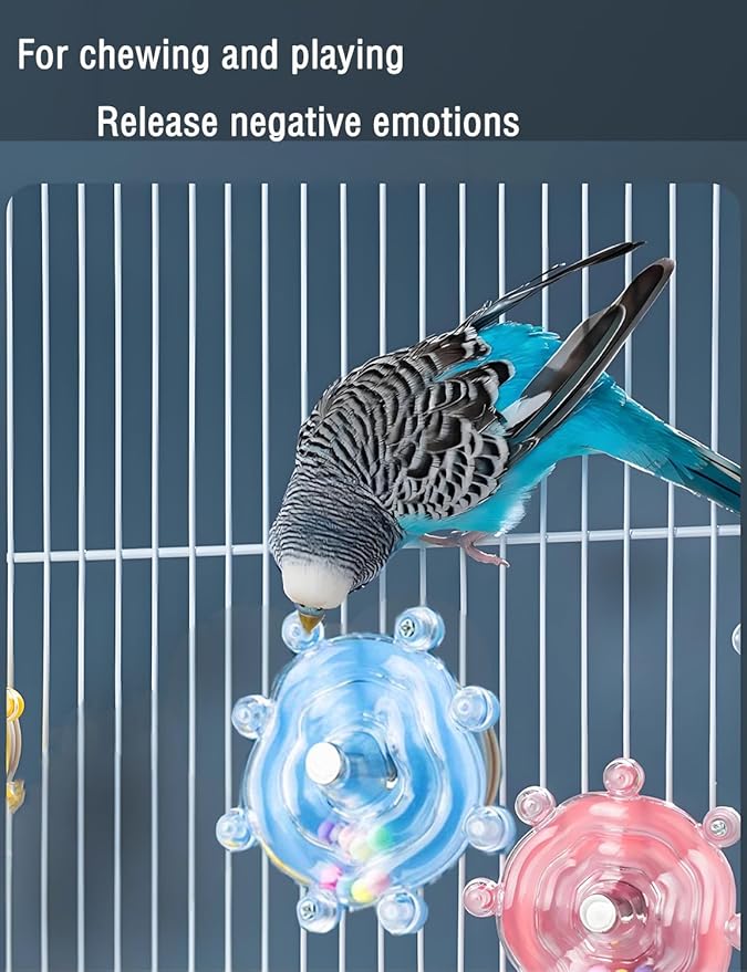 Conure Toys, 3PCS Bird Rotating Wheel Toy Cockatiel Spinning Rattle Toys Parrot Cage Accessories for Small-Medium Birds, Blue/Yellow/Pink