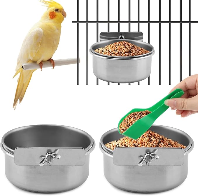 2Pcs Stainless Steel Bird Feeding Bowls with Feeding Spoon,Parrot Food Bowl Cage with Clamp Holder, Parrot Cage Water Feeder,for Cockatiel Parrot Macaw Small Animal Chinchilla