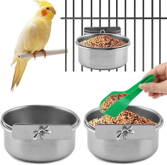 2Pcs Stainless Steel Bird Feeding Bowls with Feeding Spoon,Parrot Food Bowl Cage with Clamp Holder, Parrot Cage Water Feeder,for Cockatiel Parrot Macaw Small Animal Chinchilla
